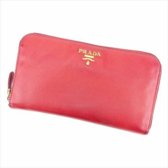 Prada Wallet Purse Logo Red Gold Saffiano leather Woman Authentic Used - Picture 1 of 7